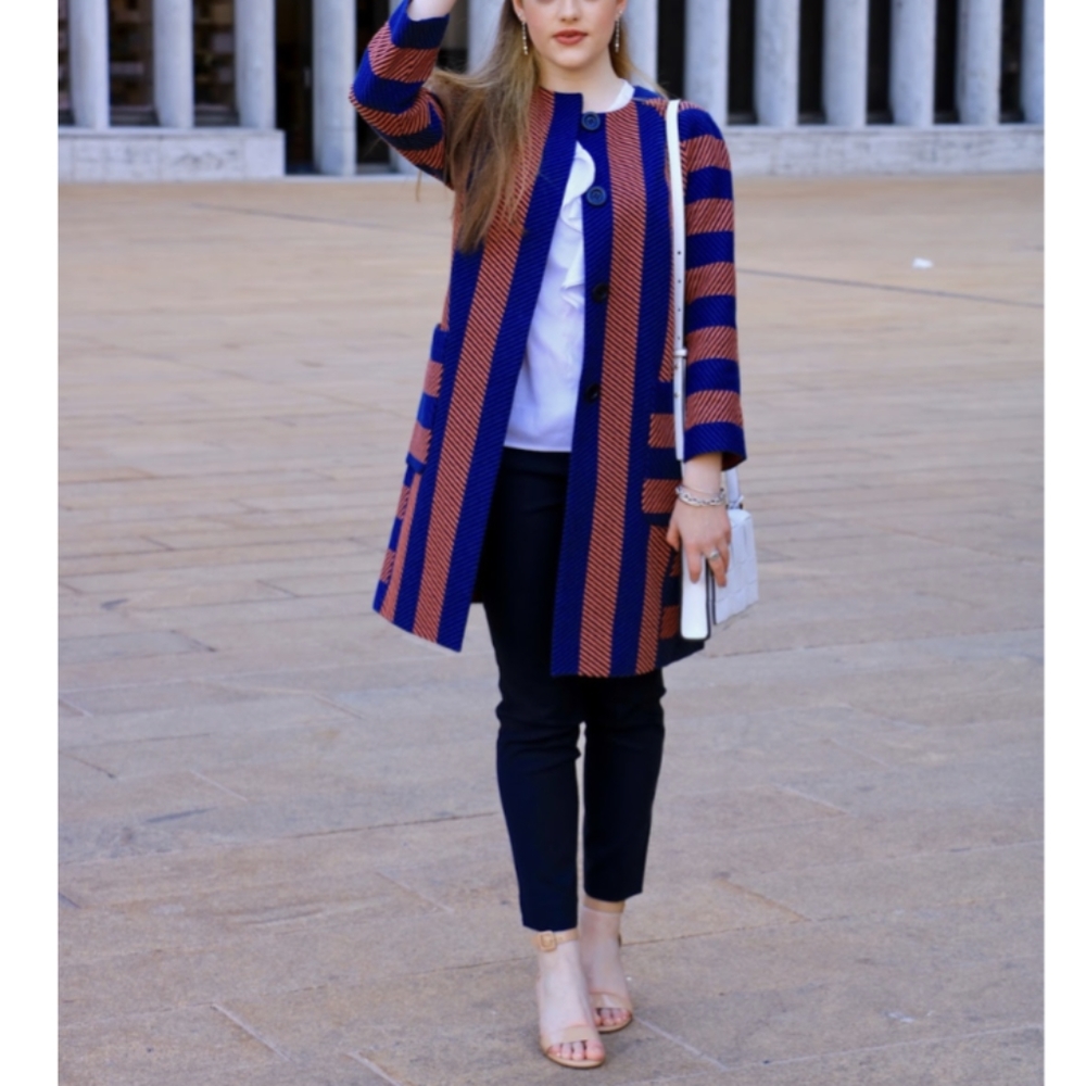 Ann Taylor Retro Collarless Button Down Mid Length Coat Rust Navy Stripes S